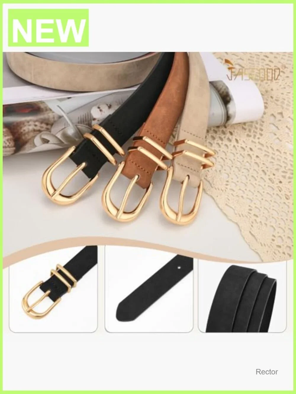 3 Pack Faux Leather Belts for Jeans Dresses - Gold Buckle Waist Belt